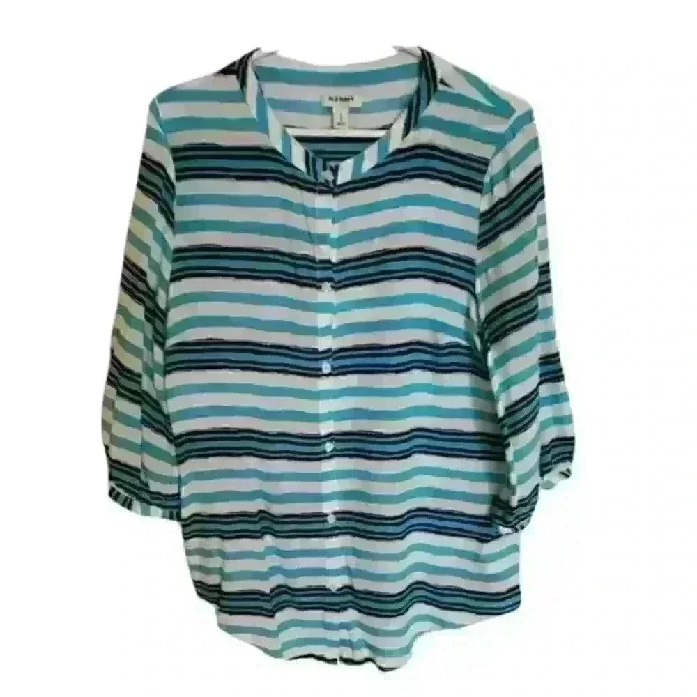 Long sleeve button down turquoise white black  stripe scoop neck shirt M